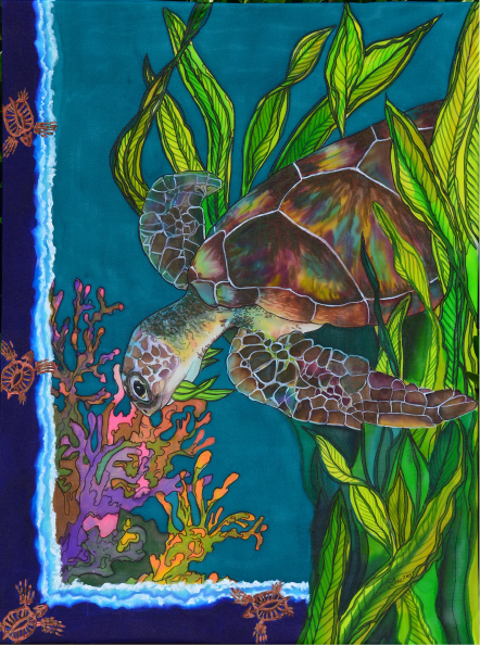 Sea Turtle, Silk Painting, 2015, 18 x 24in